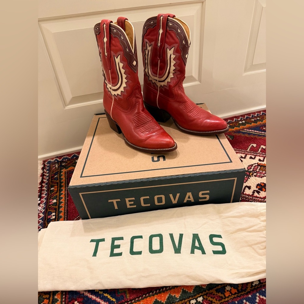 Tecovas Jolene Red Leather Cowboy Boots with Cream and Brown Inlay